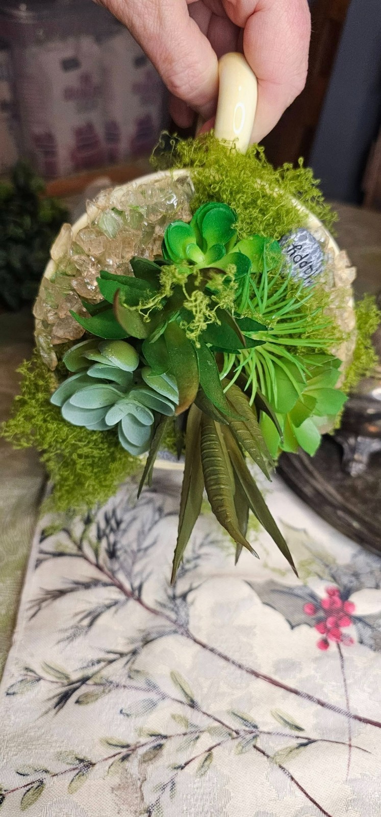 OOAK Upcycled DIY Succulent Tea Cup Fake Artificial Plant Decor Rose Quartz