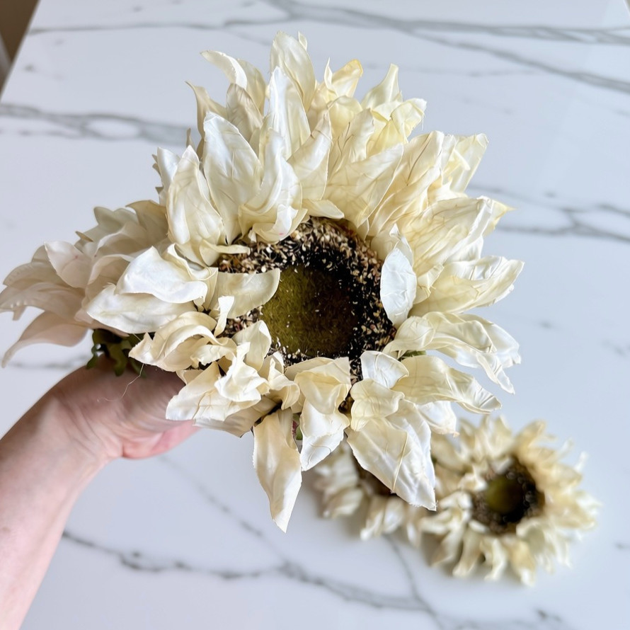 Set of 5 Cream Faux Sunflower Picks Soft Fabric Petals Wrapped Stems 9″ Tall