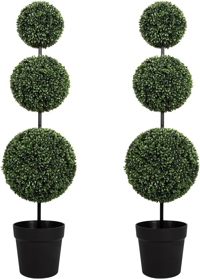 3FT UV-Resistant Artificial Triple Ball Boxwood Topiary Set of 2 All-Weather