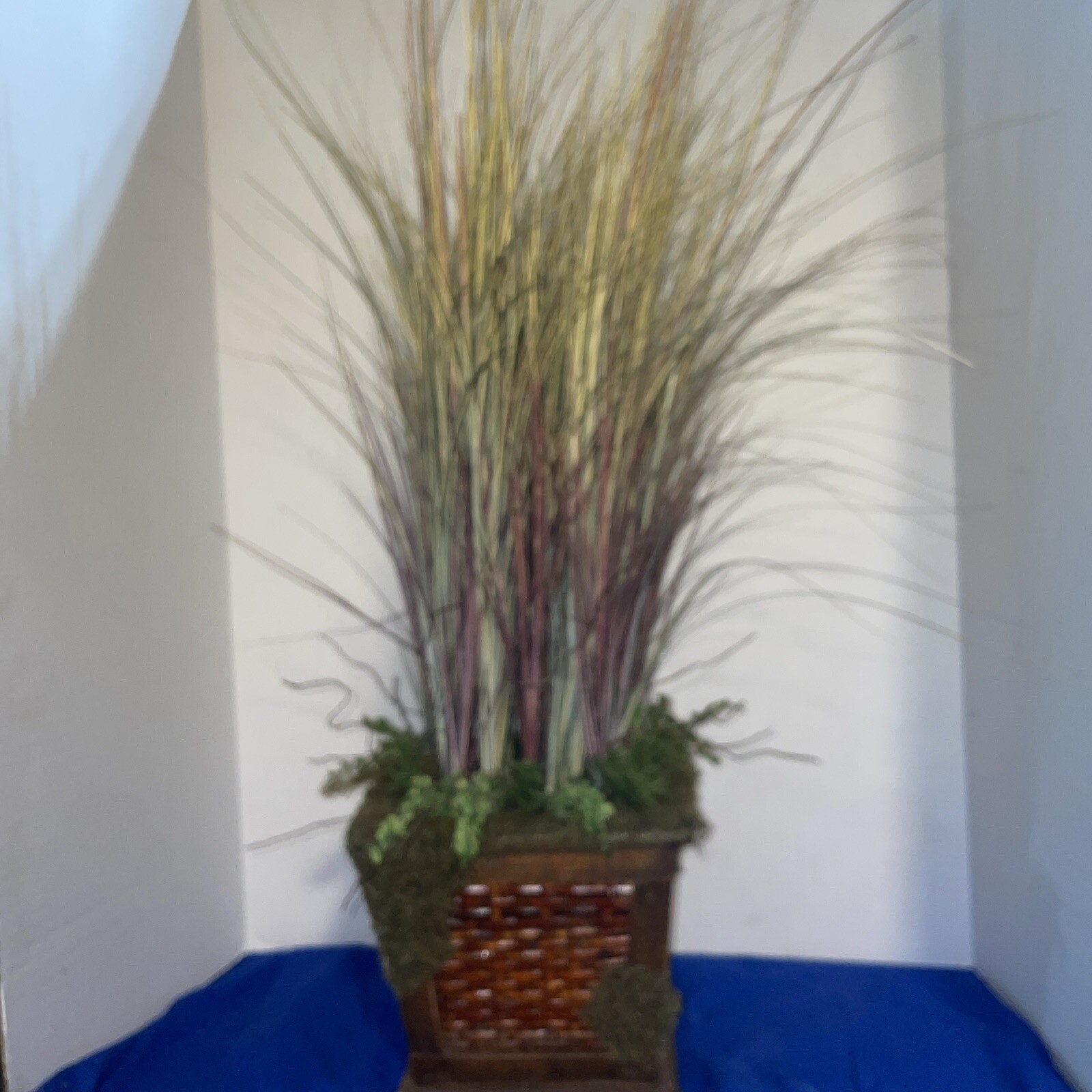 24″ Grass in Multiple Colors In Handcrafted Wood &Wicker Pot W/Moss- Estate Find