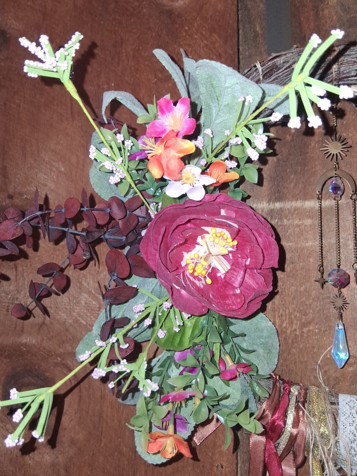 12″ Reiki Infused Crescent Moon Wreath Burgandy, Pinks, With Suncatcher, Bells