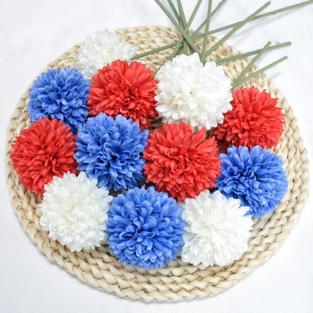12 PCS Red White Blue Artificial Chrysanthemum Ball Flowers 4th July Decor