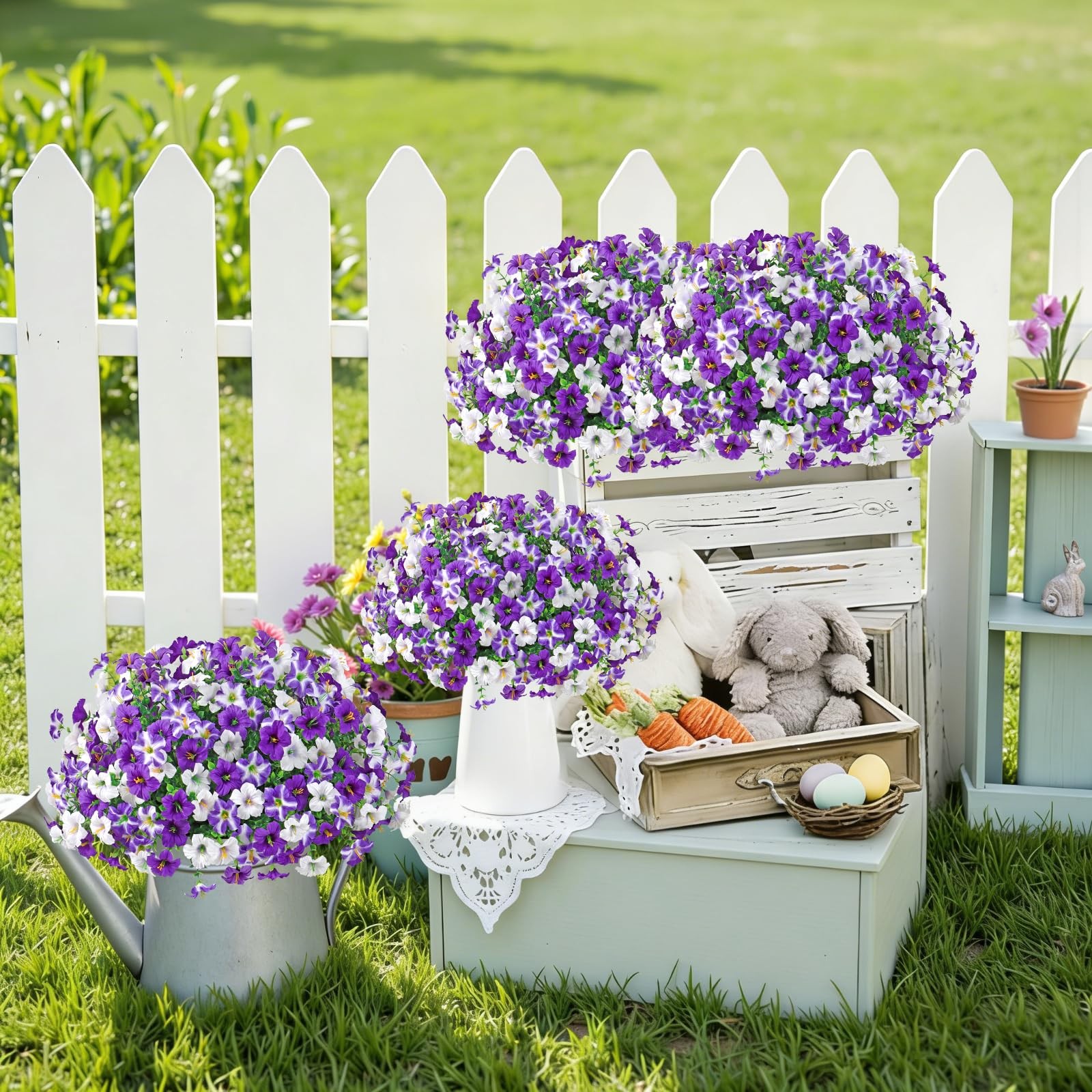 Artificial Flowers for Outdoor Decoration, 12PCS Faux White Purple Petunias S…