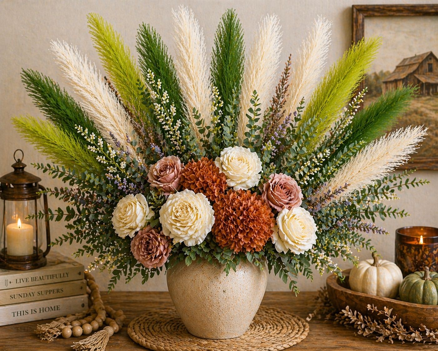 Green Pampas Grass Bundle 16 Stem Faux Pampas White and Green Boho Decor Vase Fi