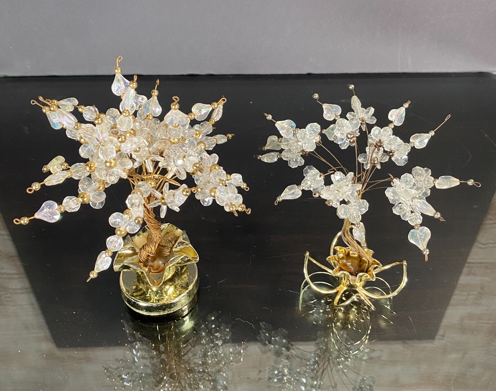 Vintage Twisted Wire Acrylic Beads Hearts Bonsai Money Luck Trees in Brass Pots