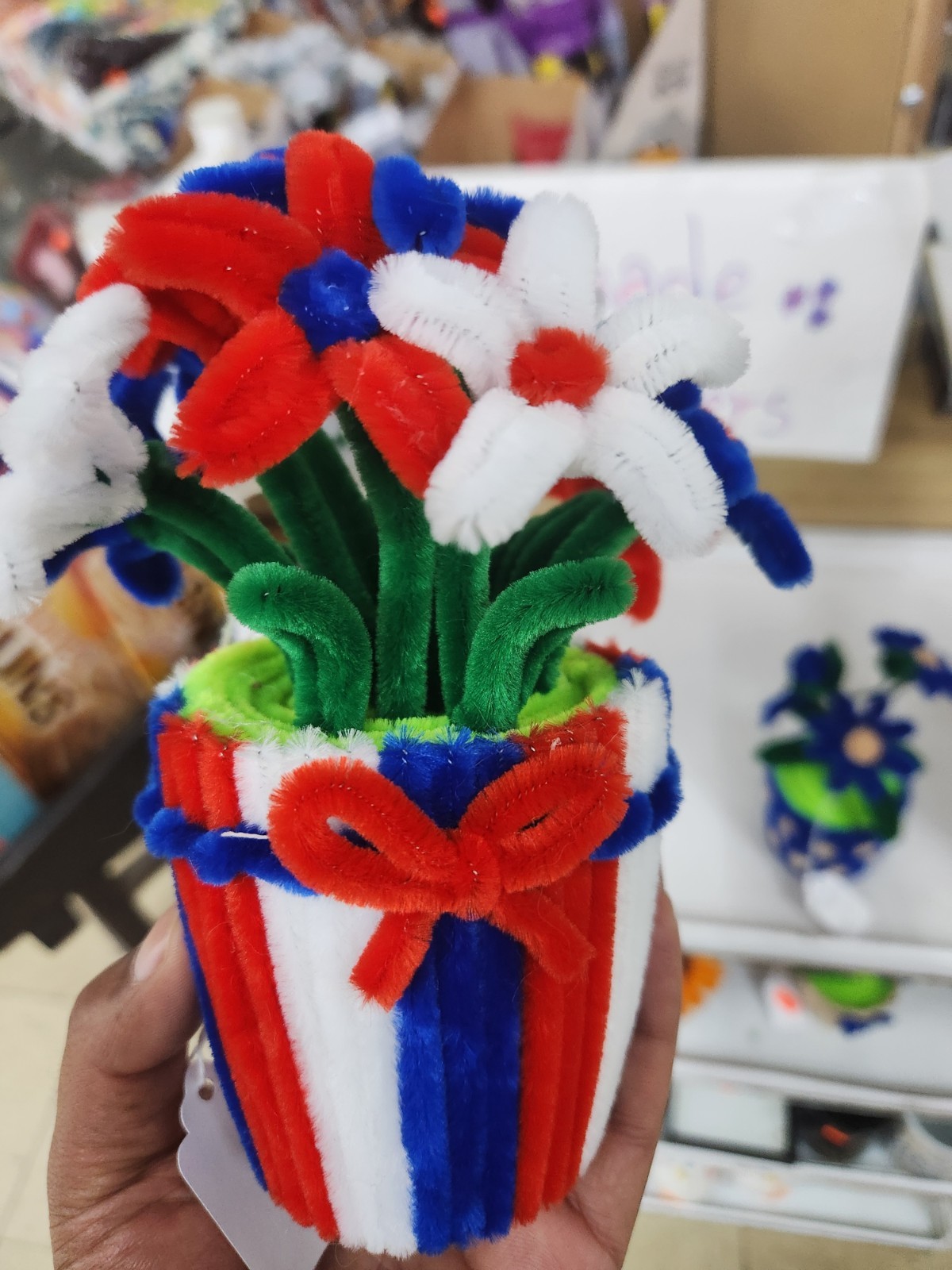 Hand Made Flower Pot Arrangement & Centerpiece, Red White Blue Green
