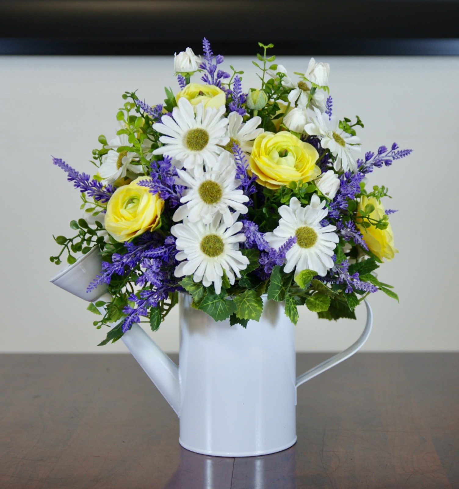 Silk Daisies, Ranunculus and Lavender Arrangement in White Metal Watering Can