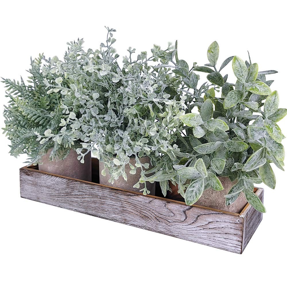 Winlyn 3 Pack Potted Plants Artificial Eucalyptus Boxwood Fern Greenery in Pots
