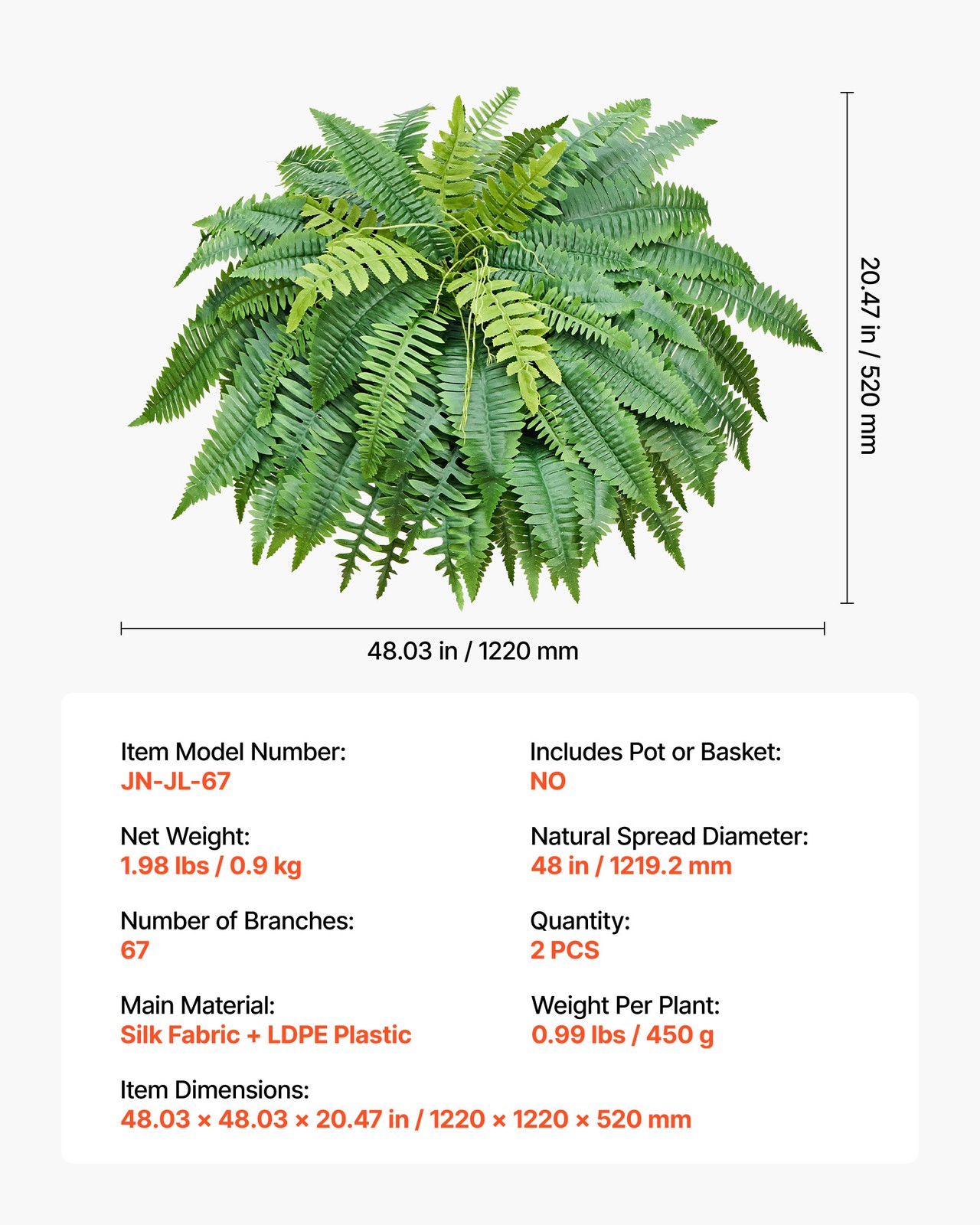 VEVOR 48″ Artificial Ferns Fake Boston Bush 67 Fronds for Outdoor Decor 2 Pack