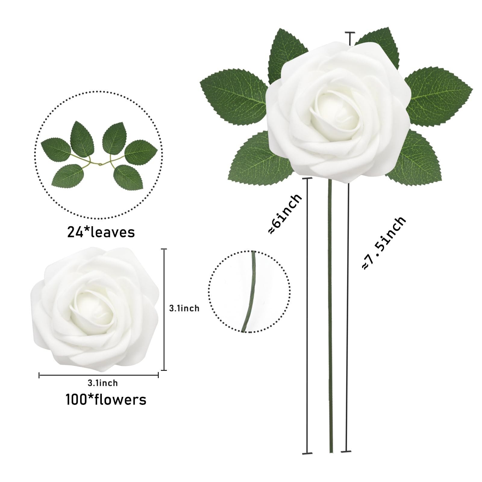 White Artificial Roses Flowers 100pcs Real Looking Foam Fake Roses with Stems…