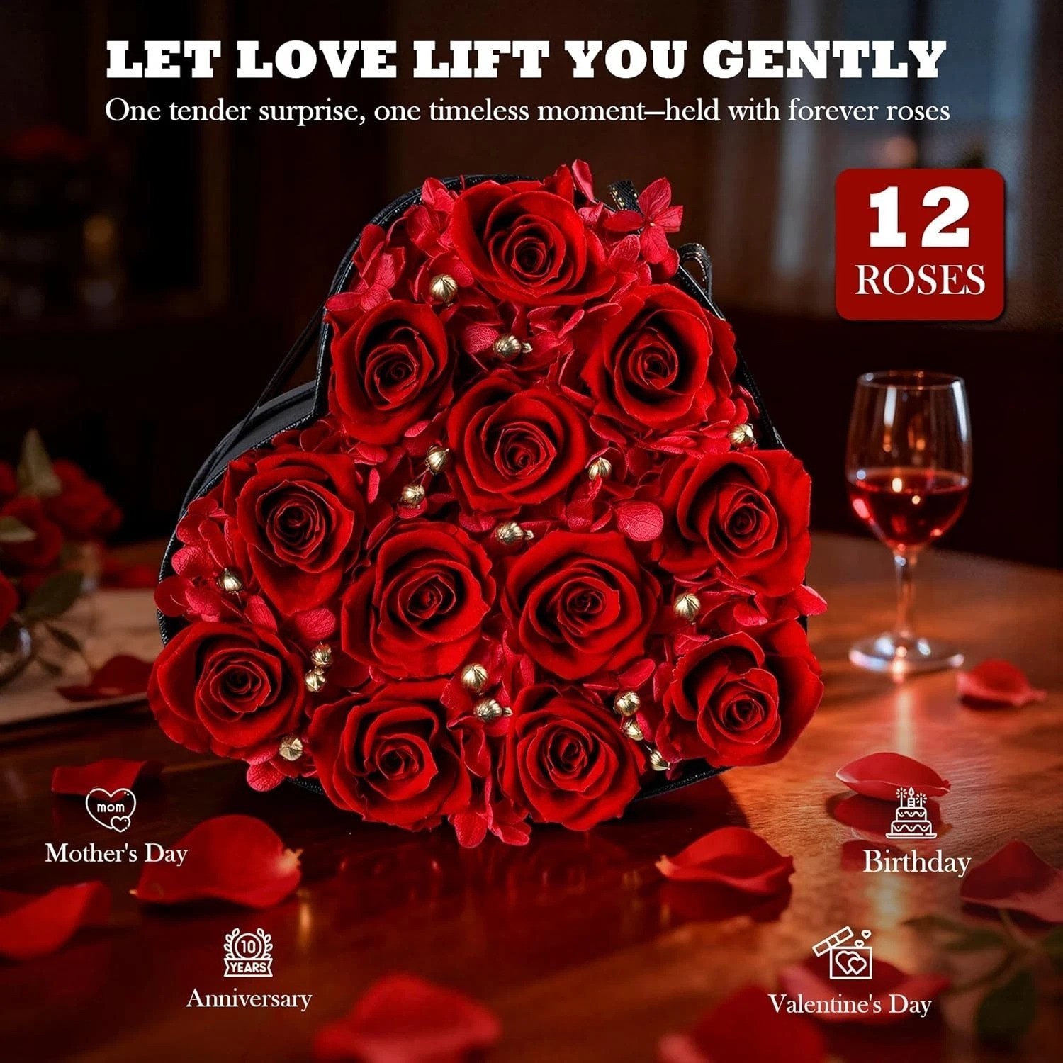 Classic 12 Pcs Red Roses in Heart Shaped Box – Luxurious Gift for Women