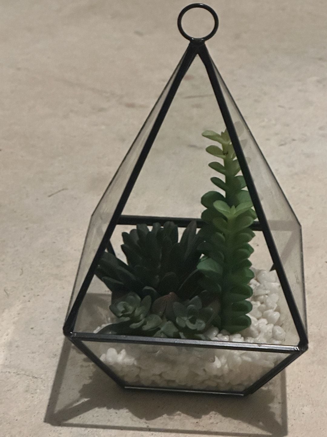 Geometric Pyramid Glass Hanging Terrarium with Artificial Succulents