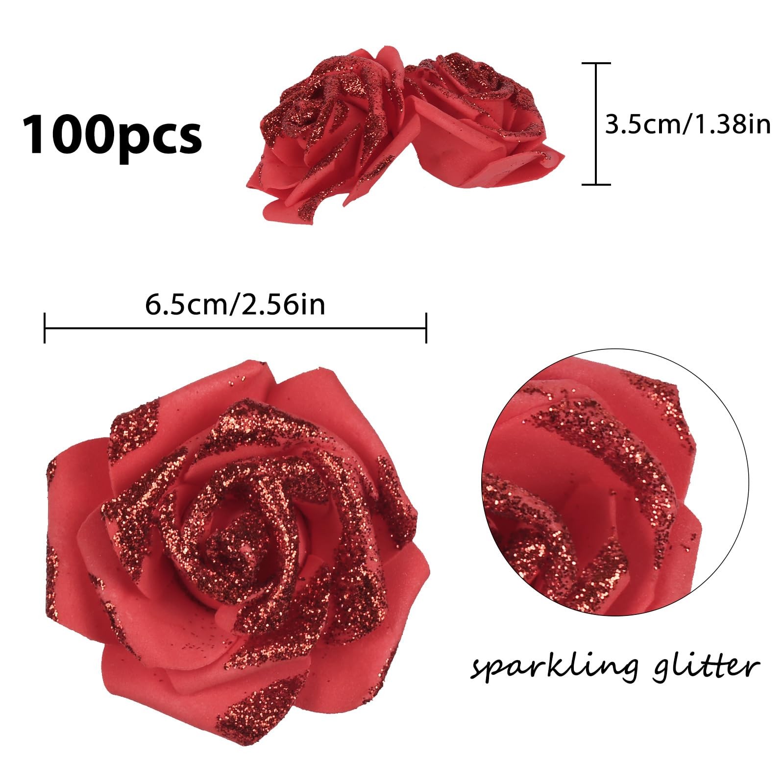 100 PCS 2.56″ Red Glitter Roses Artificial Foam Fake Flowers Bridal Shower