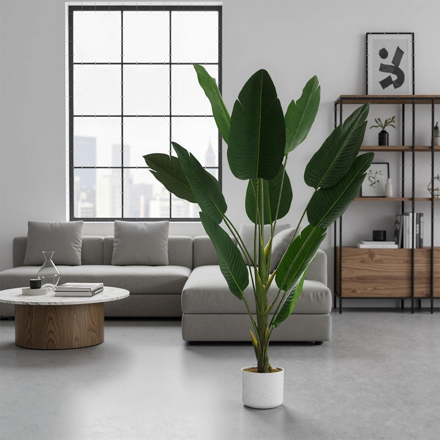 4FT Artificial Palm Tree with Large Fan-Shaped Leaves in White Pot for Indoor