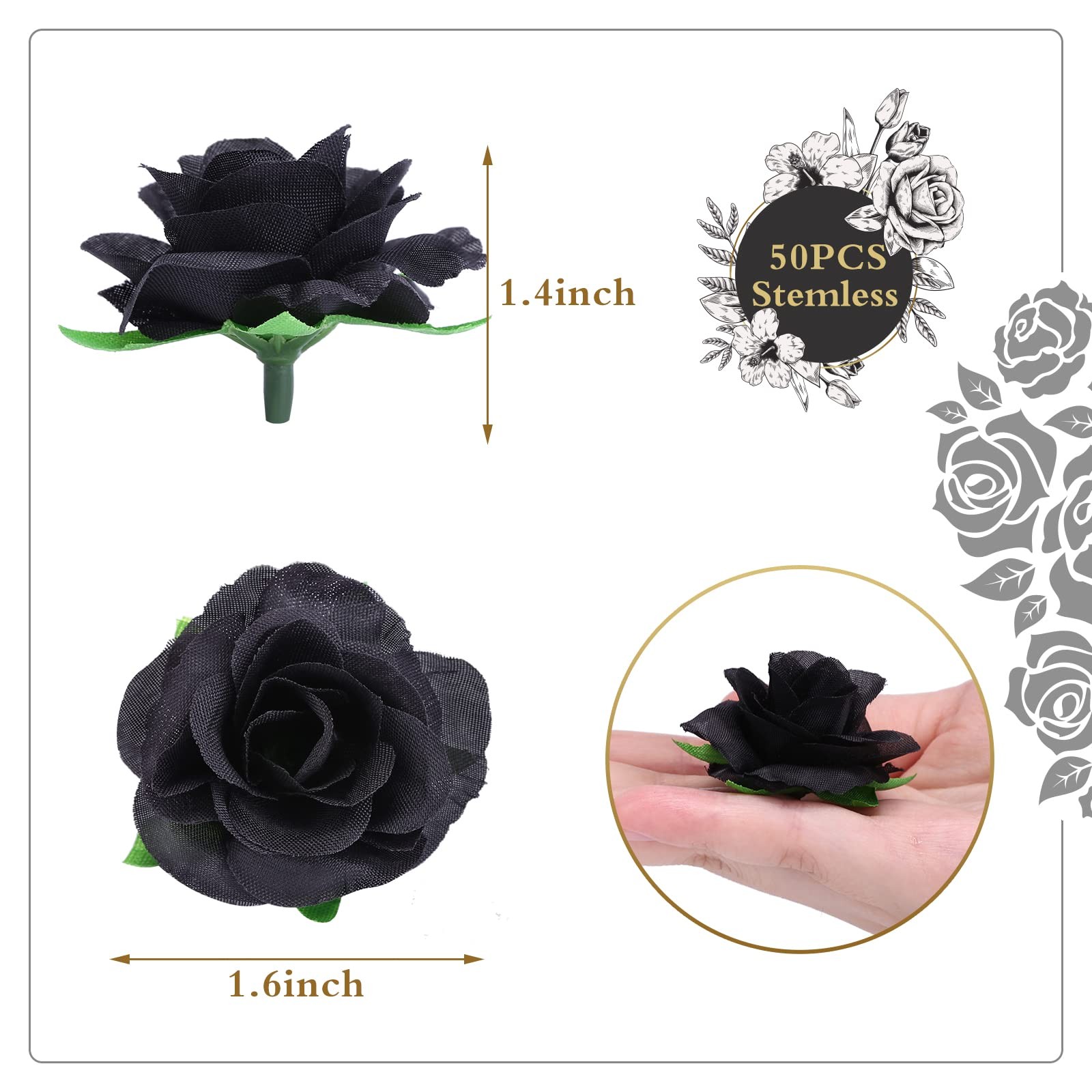 50 Pcs Mini Black Silk Artificial Real Touch Fake Rose Flower Heads 1.57 Inch