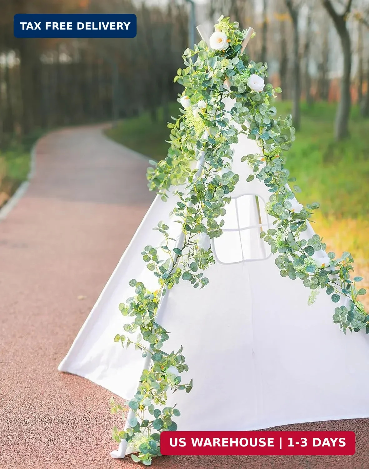 PARTY JOY 6.56ft Eucalyptus Garland with Flowers-8 White Roses, Artificial Fake