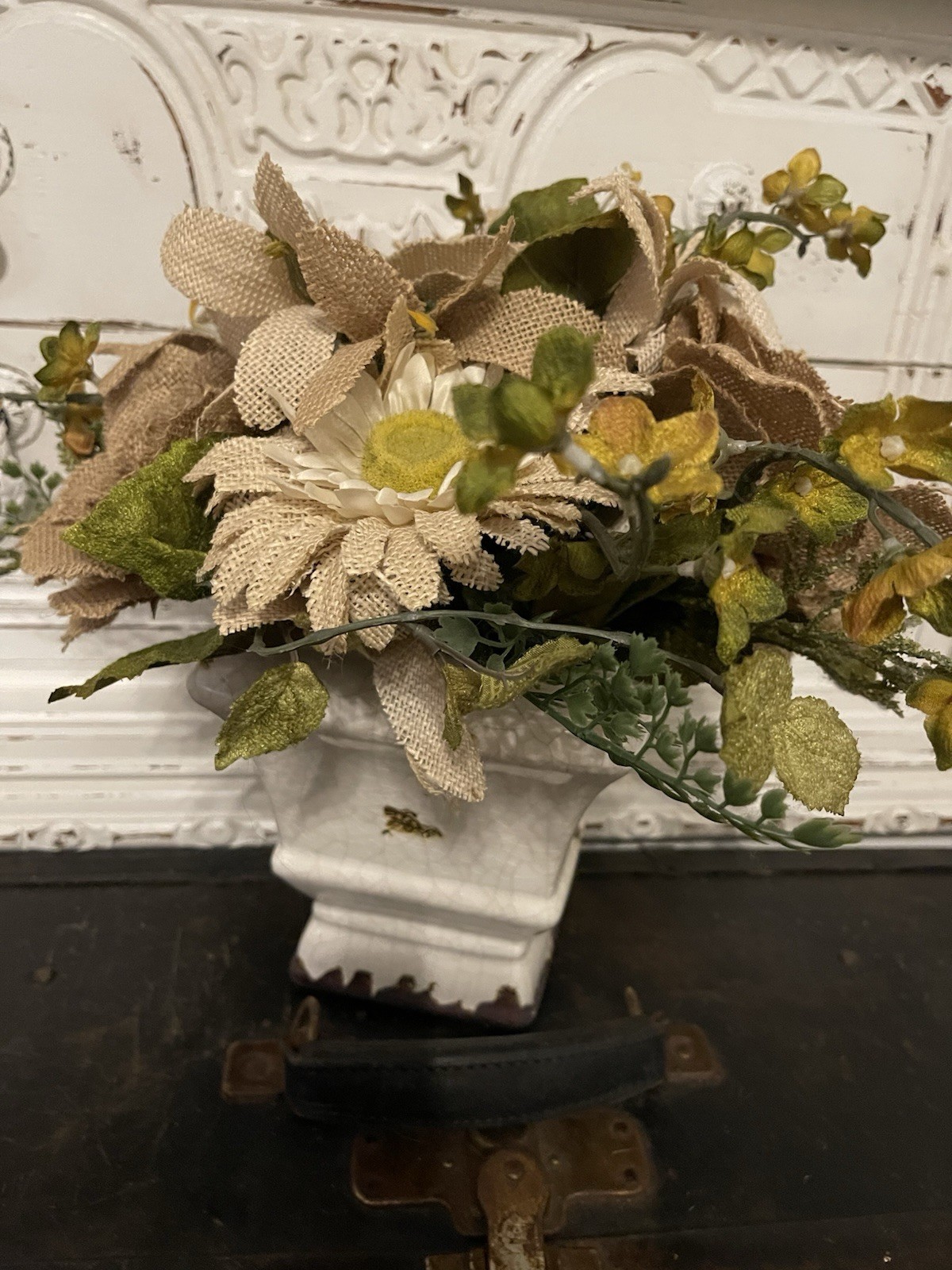 Burlap Flowers Farmhouse White Distressed Rustic Floral Centerpiece Decor