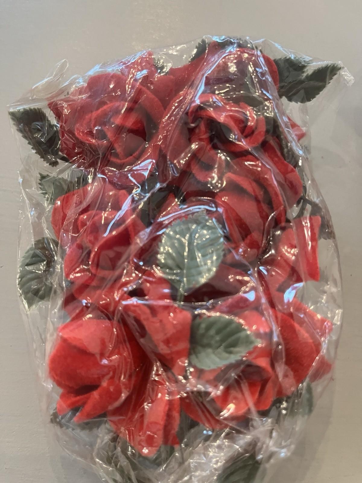 Vintage 29 flocked Plastic Red Roses Wired -6 NOS & 23 Unbagged Floral Decor