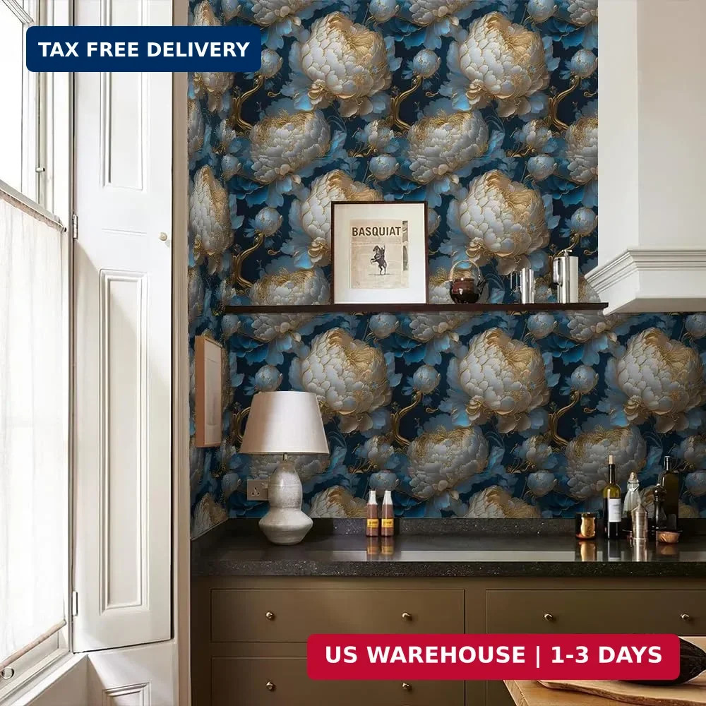 REDAMANCY Vintage Dark Navy Blue Gold White Peony Large Floral Peel and Stick Wa