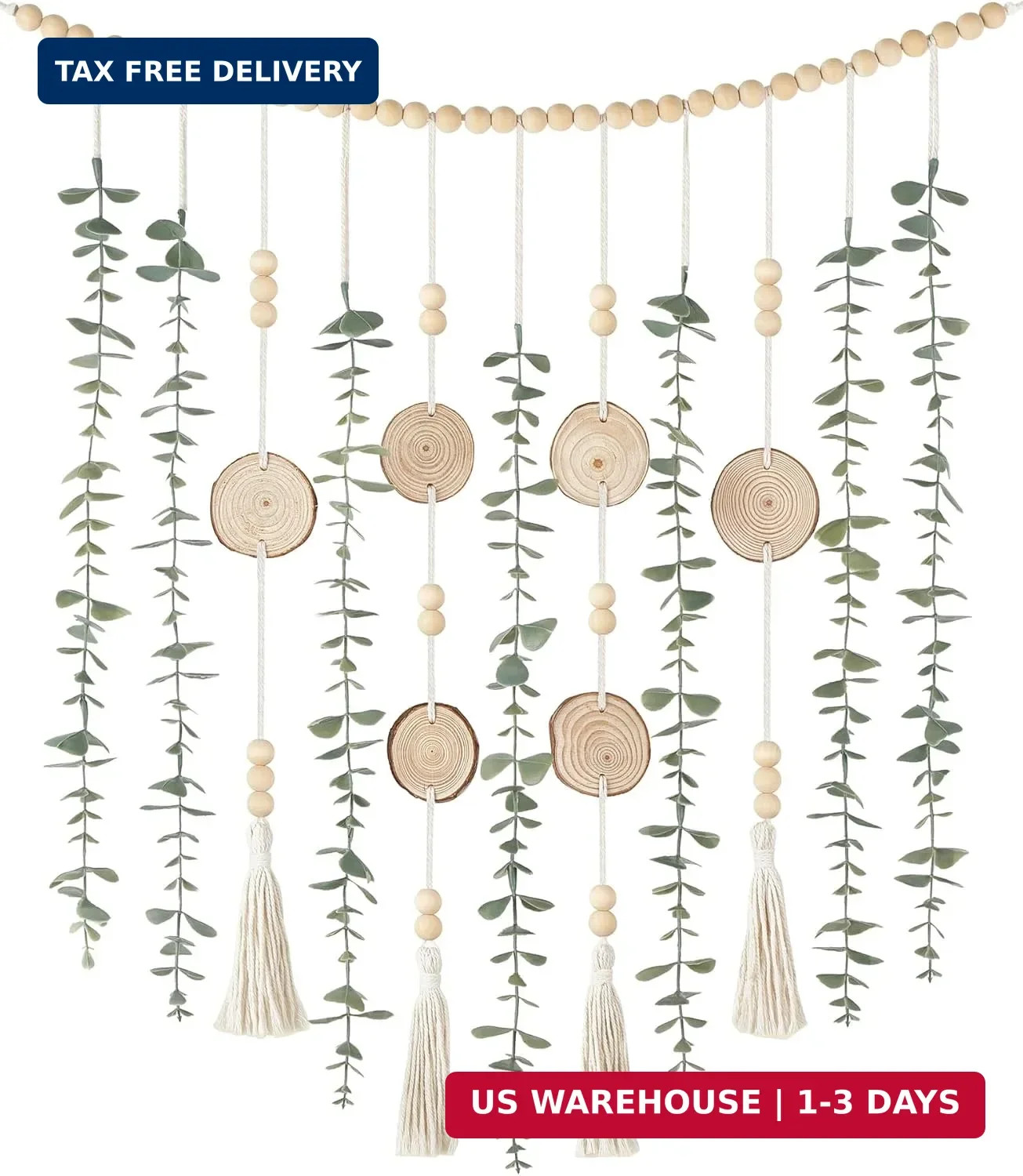 Dahey Hanging Artificial Plant Eucalyptus Wall Decor 31” Wooden Bead Garland wi