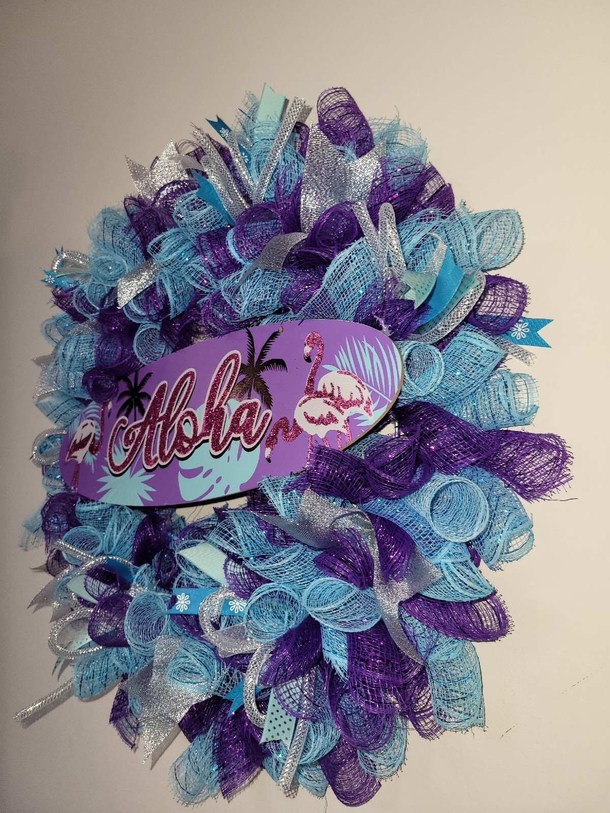ALOHA Summer Spring Mesh Front Door Wreath Wall Decor BRIGHT Purple Pink Blue