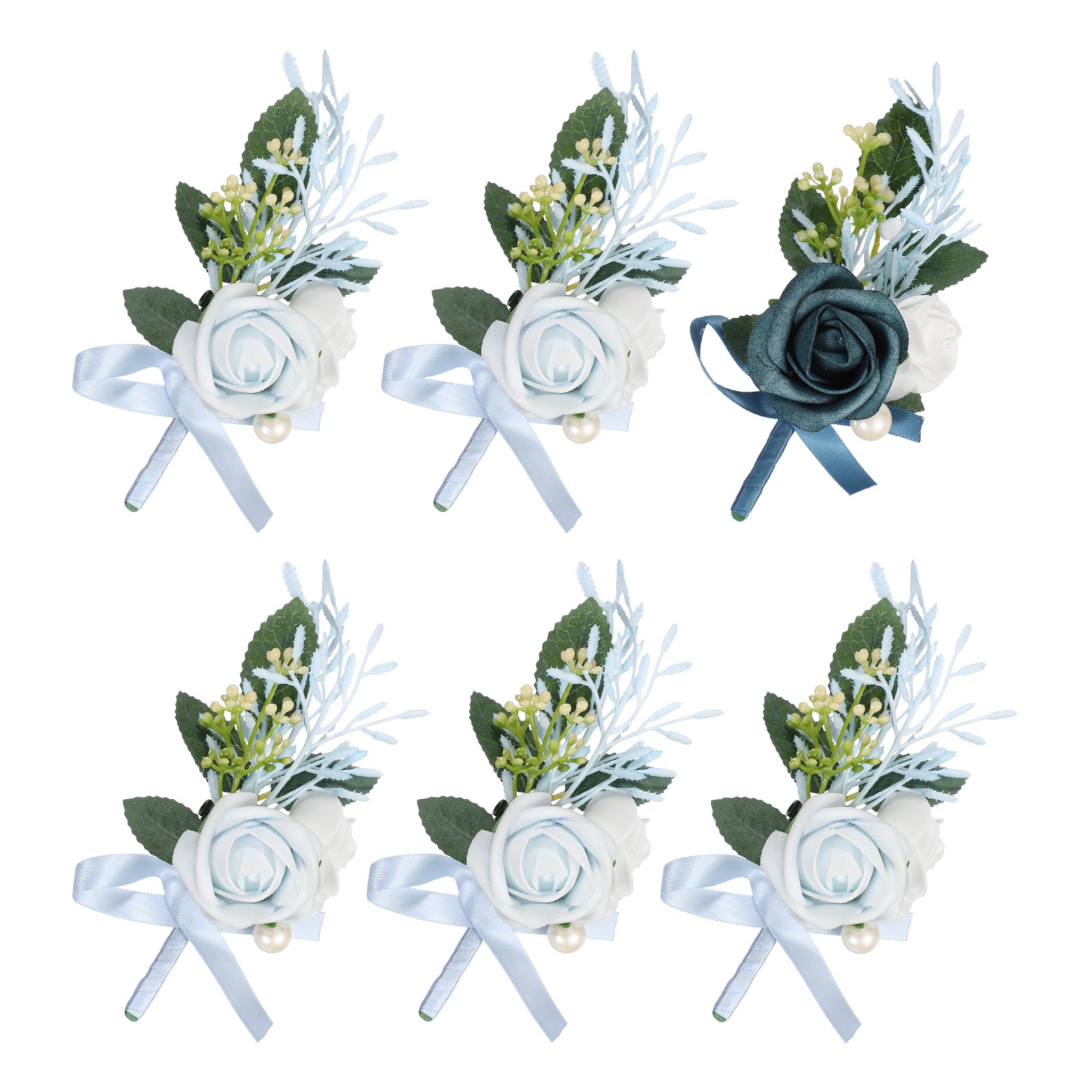 Mens Boutonnieres for Weddings, 6 Pcs Rose Boutonnieres, Navy Blue/Light Blue