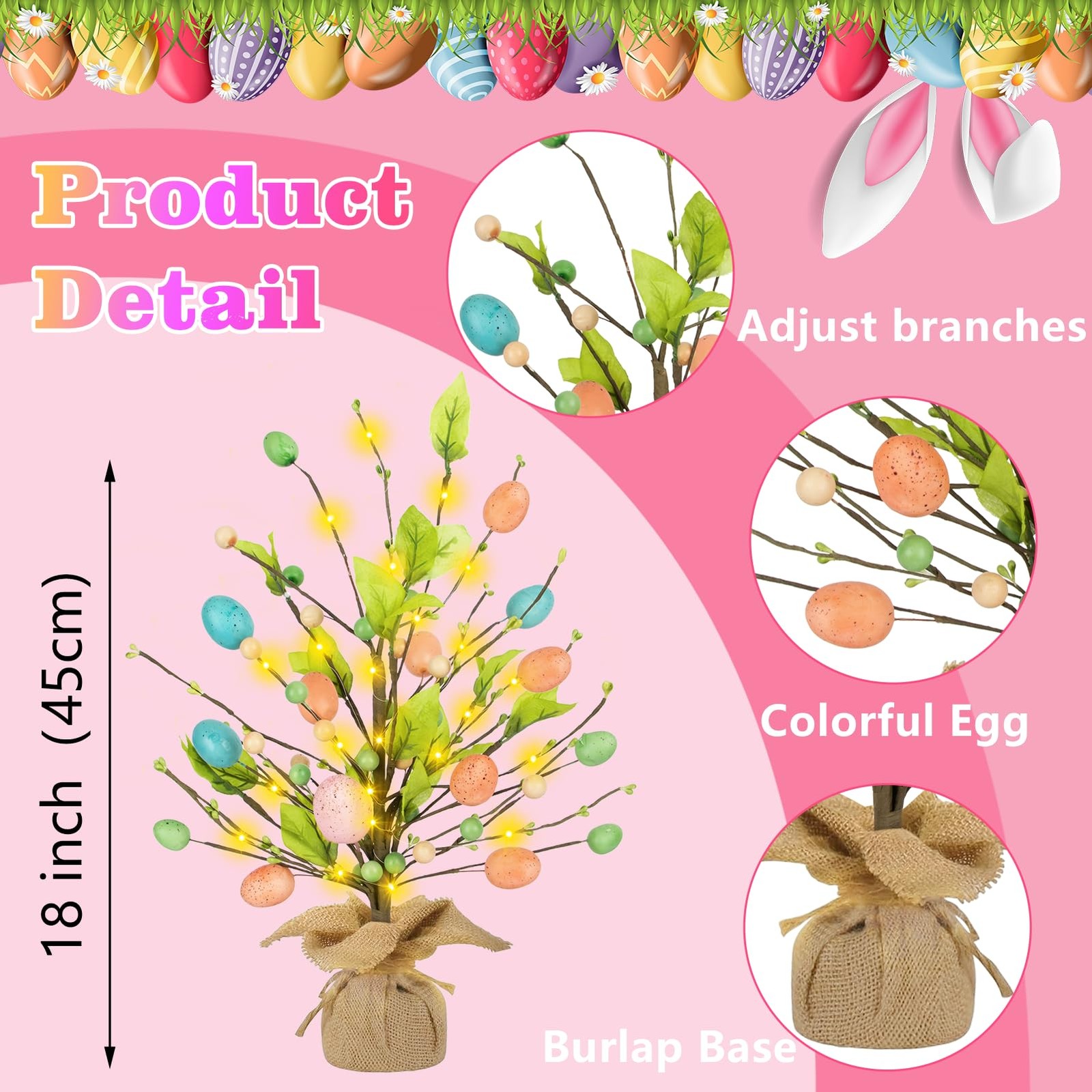 Easter Decorations for Home, 18 Inch Egg Tree with 1ft 6in, Green