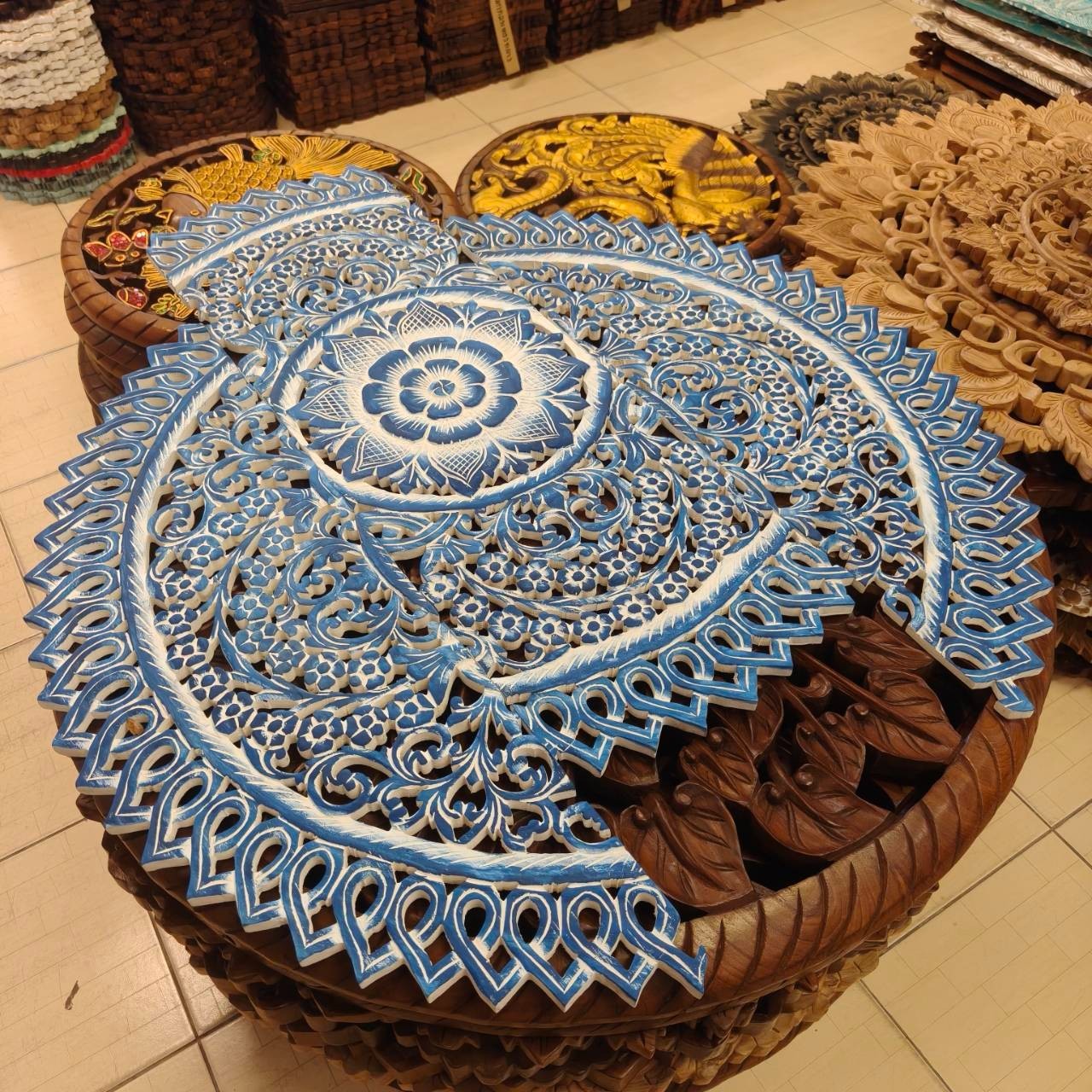 36″ Carved Wood Wall Art 3-Panel Round Mandala Coastal Blue & White #J