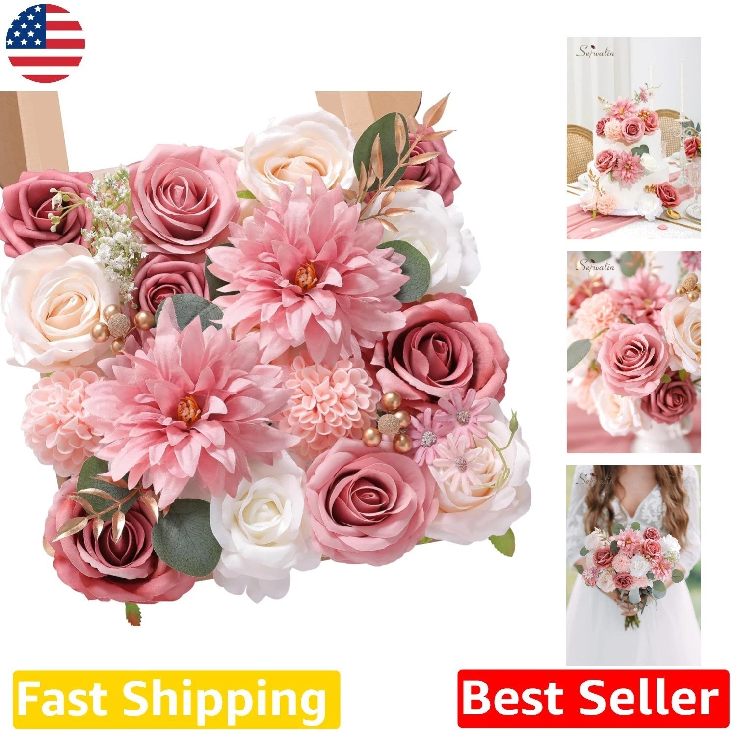 Luxury 2 Boxes Silk Pink Dahlia Roses Flowers For Wedding Bridal Bouquet