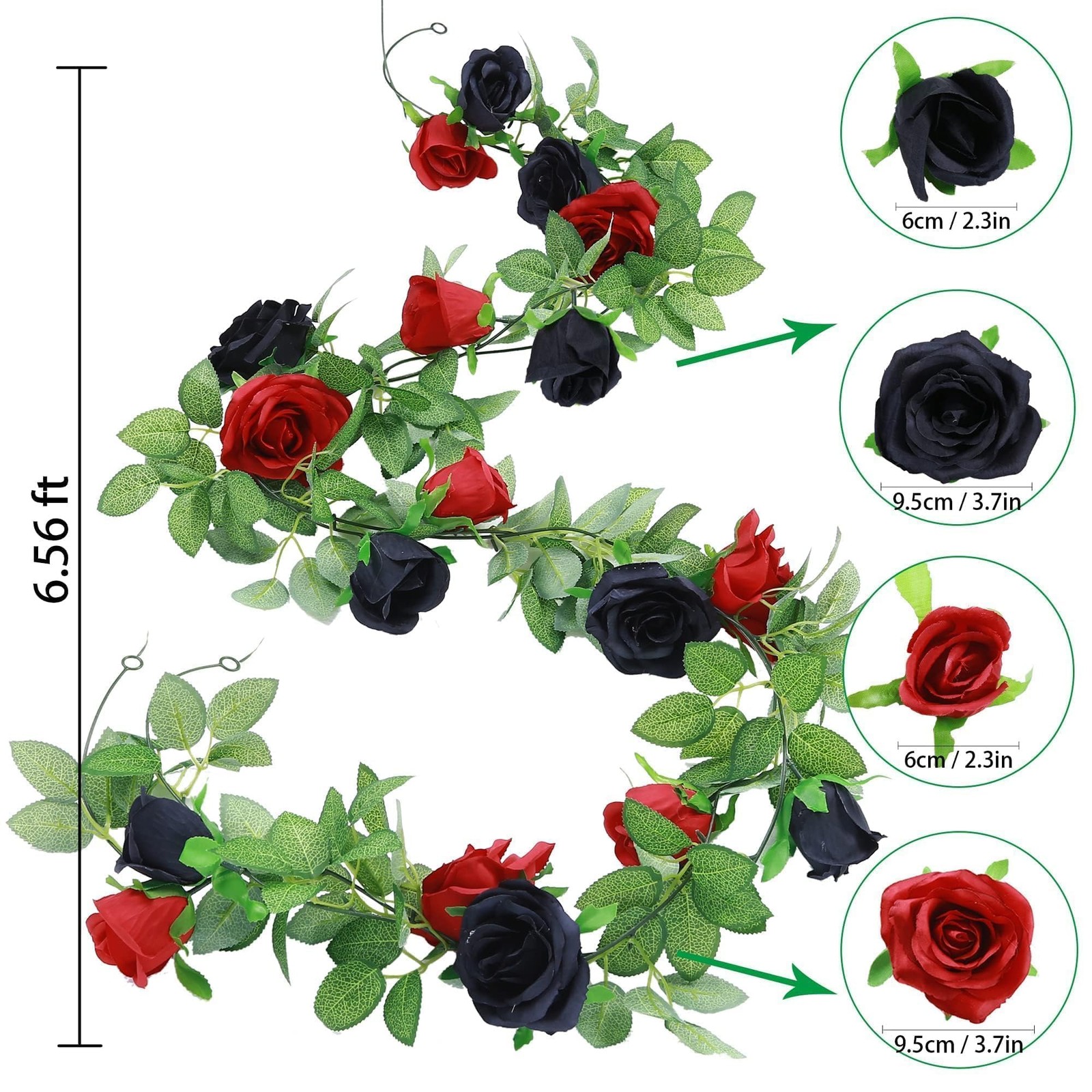 2 Pack Black Red Artificial Rose Flower Garland 13ft Gothic Elegant Valentine…