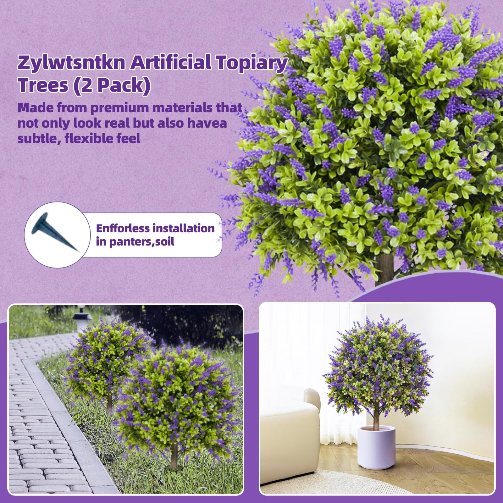 Artificial Lavender Topiary Trees, 2 Set of UV Resistant Fake Evergreen Shrub…