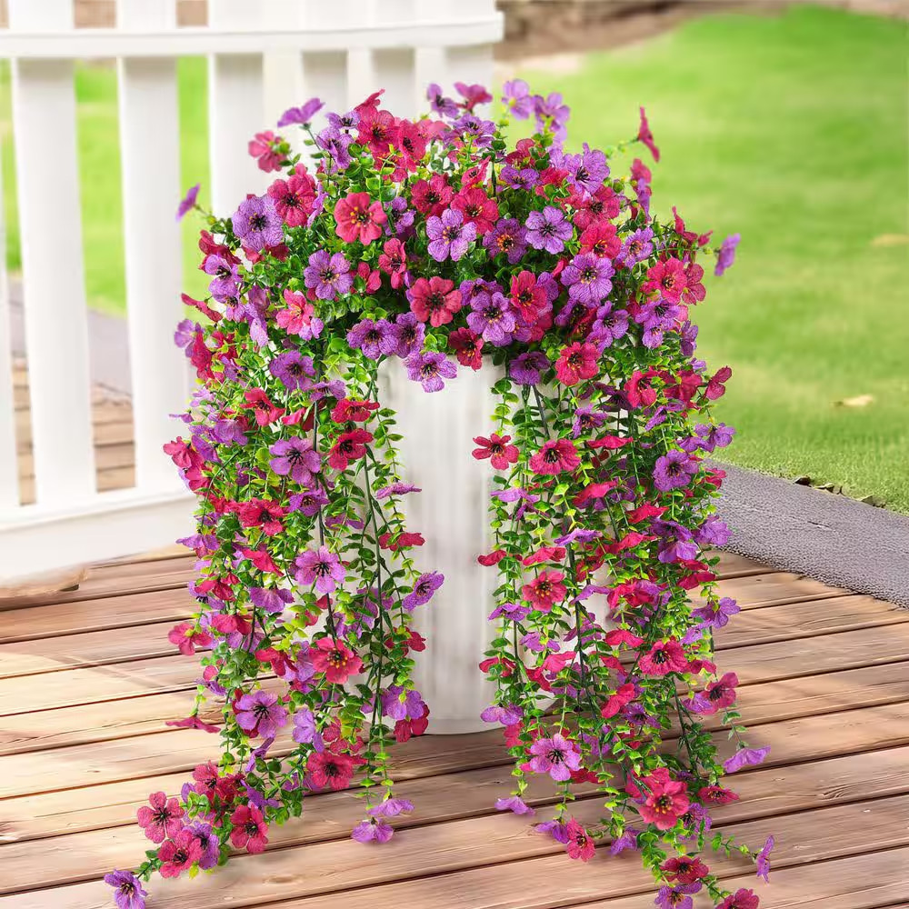 22In. Purple Outdoor Artificial Hanging Daisy Flower Basket with Eucalyptus Leav
