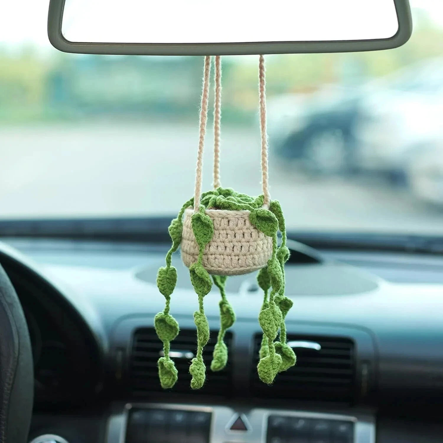 Handmade Crochet Car Plant Hanging Monstera Rearview Mirror Plant Decoration