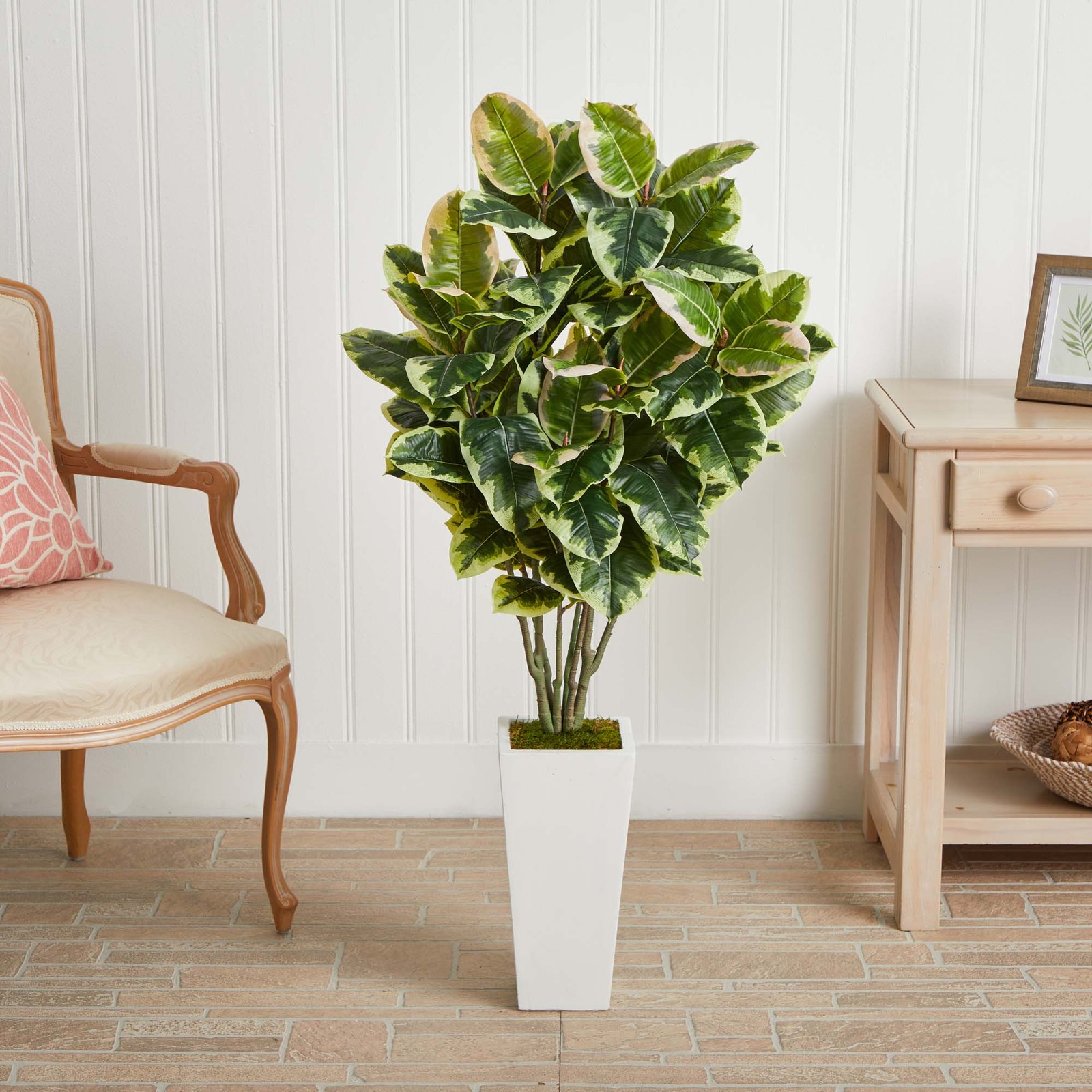 Variegated Rubber Leaf Artificial Plant in White Tower Vase in Green/White