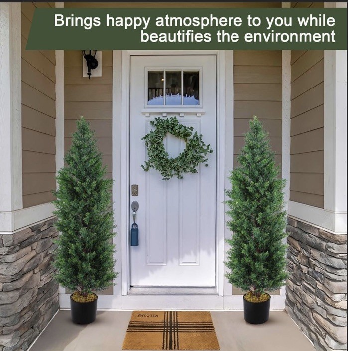 Artificial Cedar Tree 2 Pack 4 Feet Tall Outdoor UV Rated Porch Decor