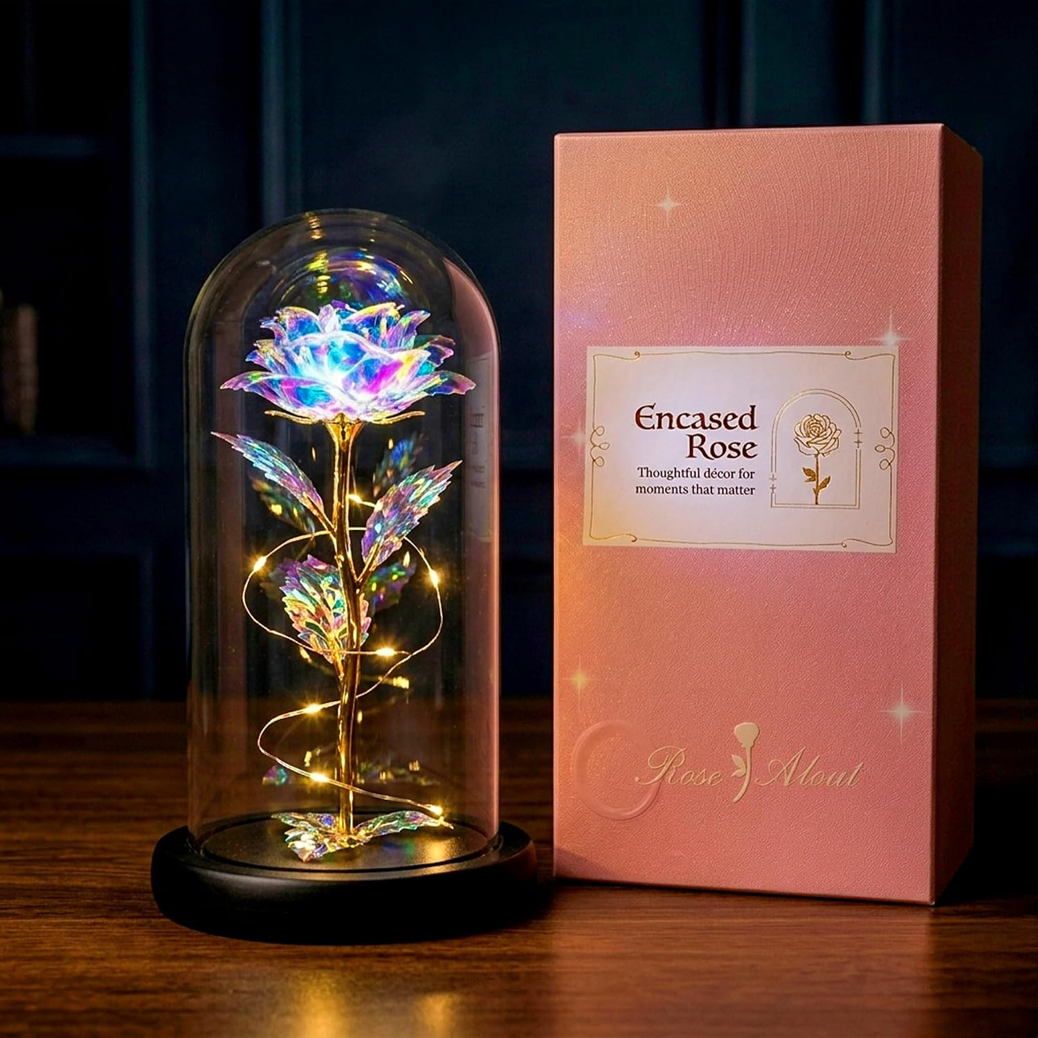 Katchon, Galaxy Glass Rose in Glass Dome – Light up Crystal Rose Forever Flower