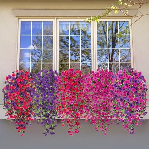 Artificial Hanging Petunias Flowers for Outdoor, 2pcs Dark Purple Light Purple