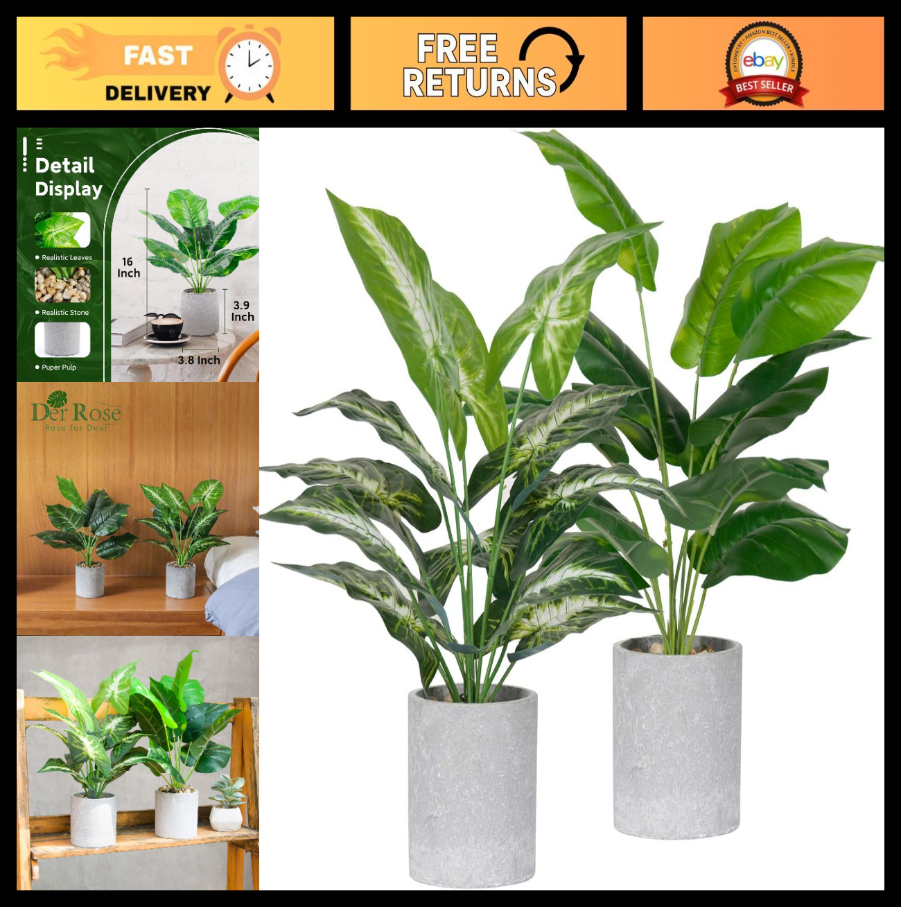 2 Pack 16″ Indoor Fake Plants – Sage Green Tropical Decor for Home, Office & Bat