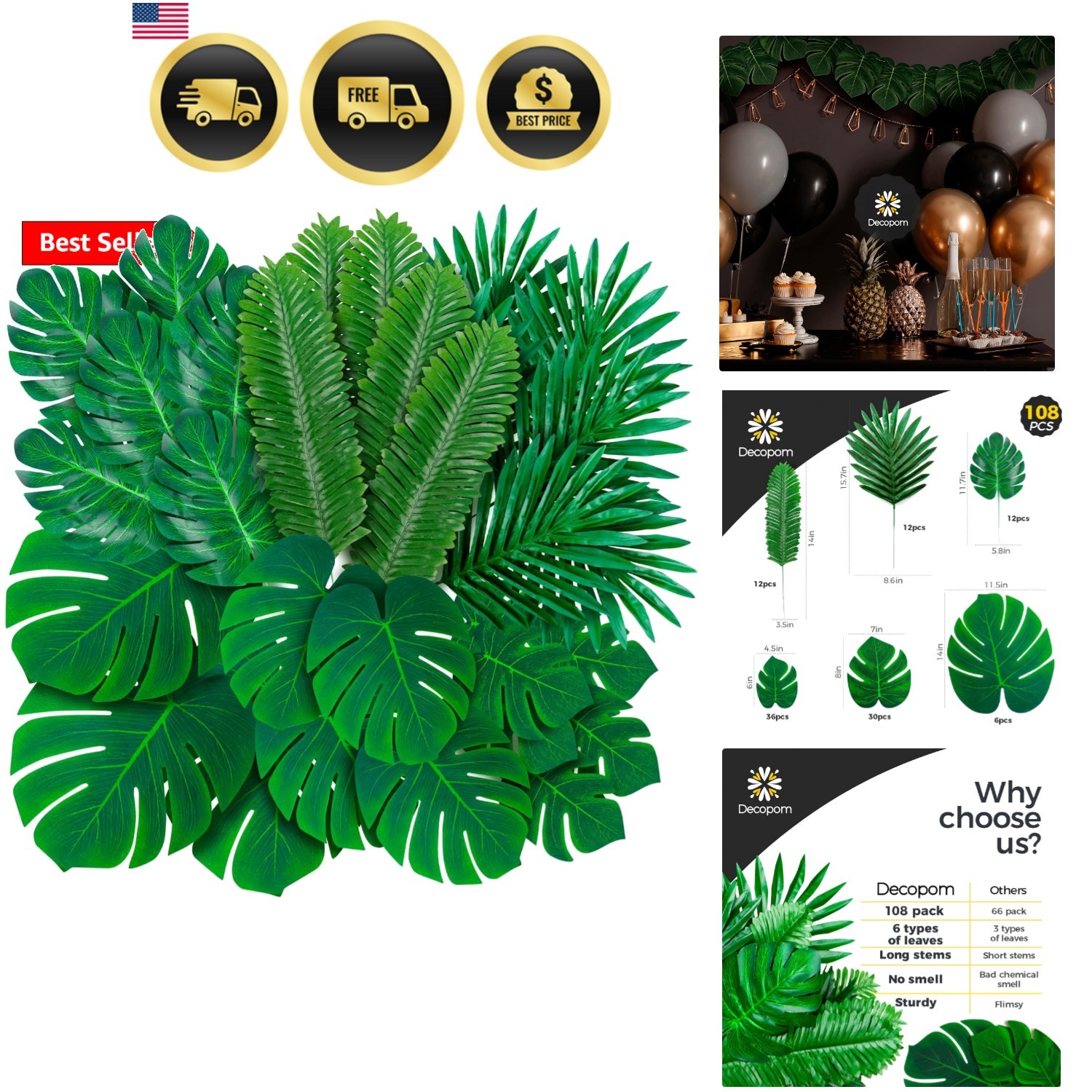 108 Pack Palm Leaves Artificial Tropical Monstera – 6 Kinds Large Small Green…