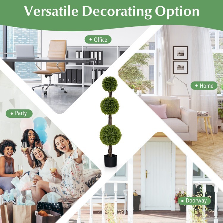 4′ Artificial Boxwood Topiary Ball Tree Plant Pot With Lush PE leaves and Trunk