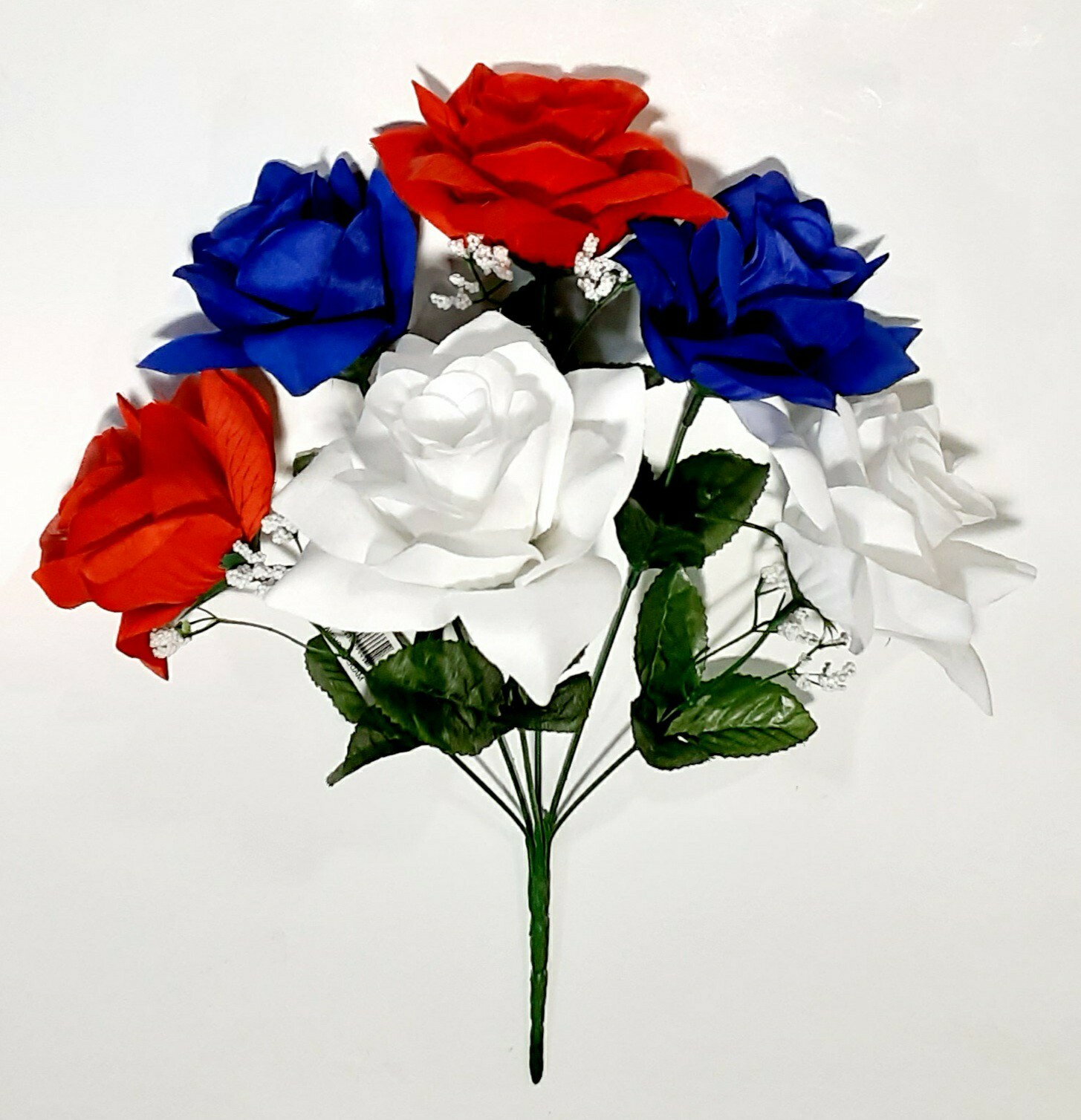 Vibrant Red White & Blue Microfiber 6 – 4.5″ Rose 13″ Bush Patriotic Silk Flower