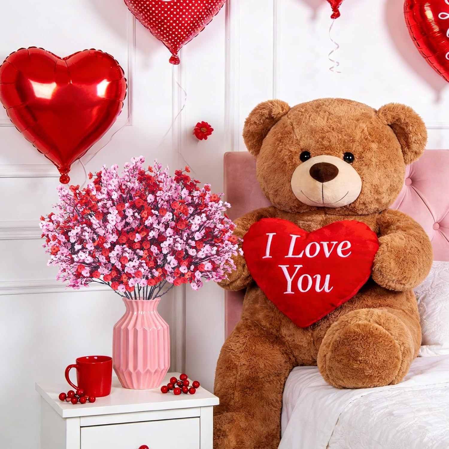 6 Pcs Valentine’s Day Artificial Baby’s Breath Flowers, Red Pink Faux Gypsoph…