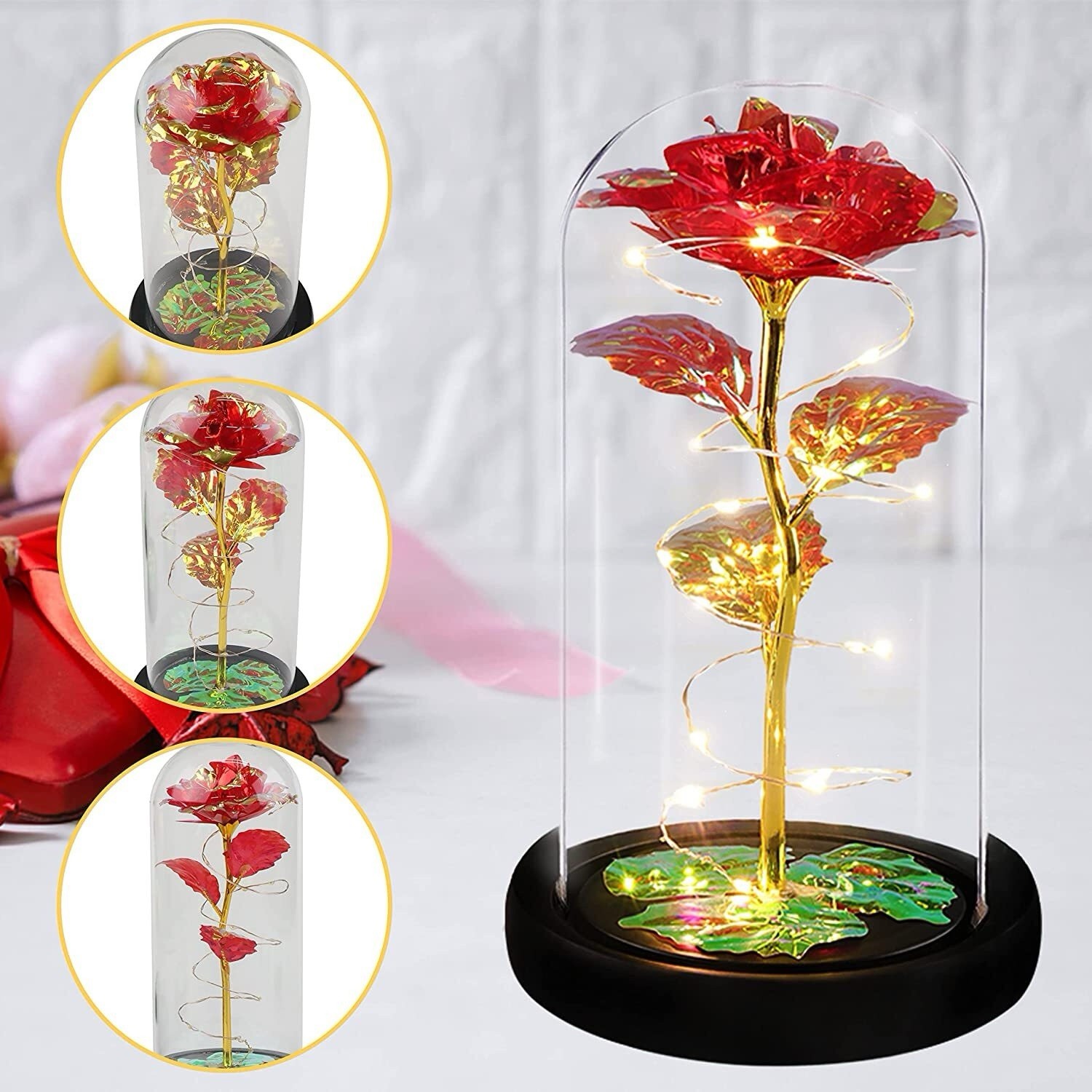 Romantic gift/ Artificial Red Rose | Glass Dome LED Lights | Mother day gifts