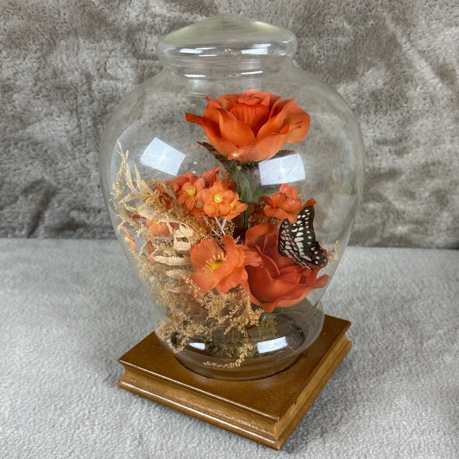 Vintage Butterfly w/Silk Flowers Under Glass Dome Cloche~Silk Flowers Wood Base