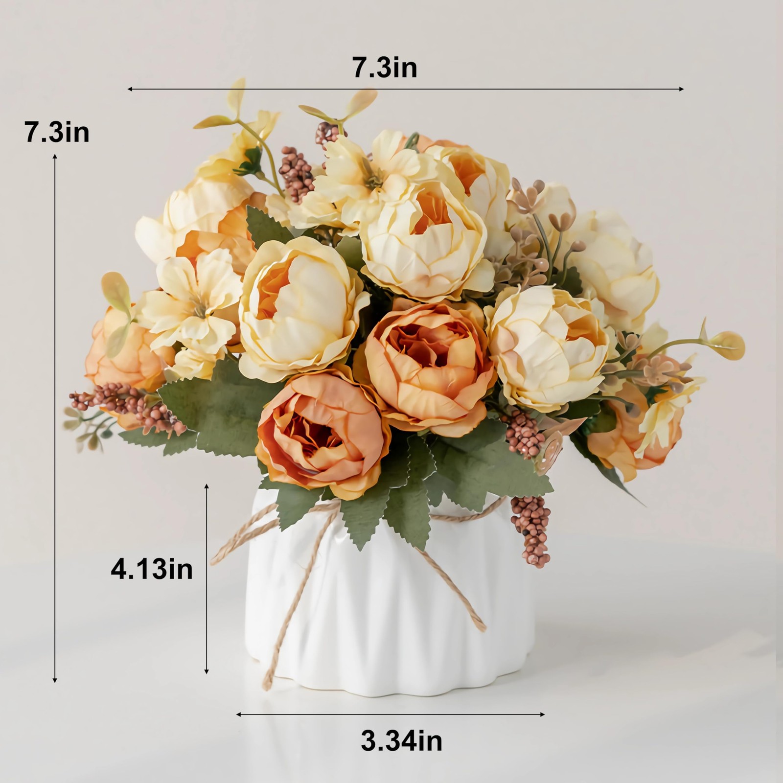 Fake Flowers Vase Small Artificial Silk Ceramic Faux Arrangement Peony Yellow