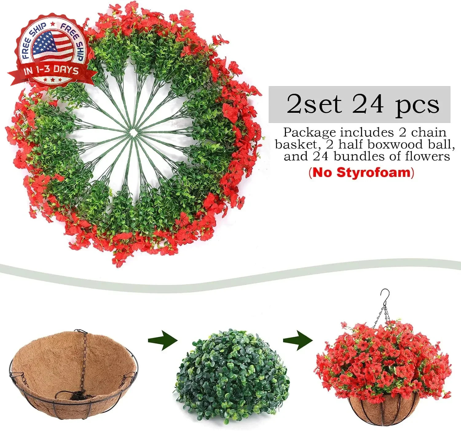 Hananona 24 Pcs Artficial Outdoor Flowers with Hanging Baskets, 2 Pack Hanging P