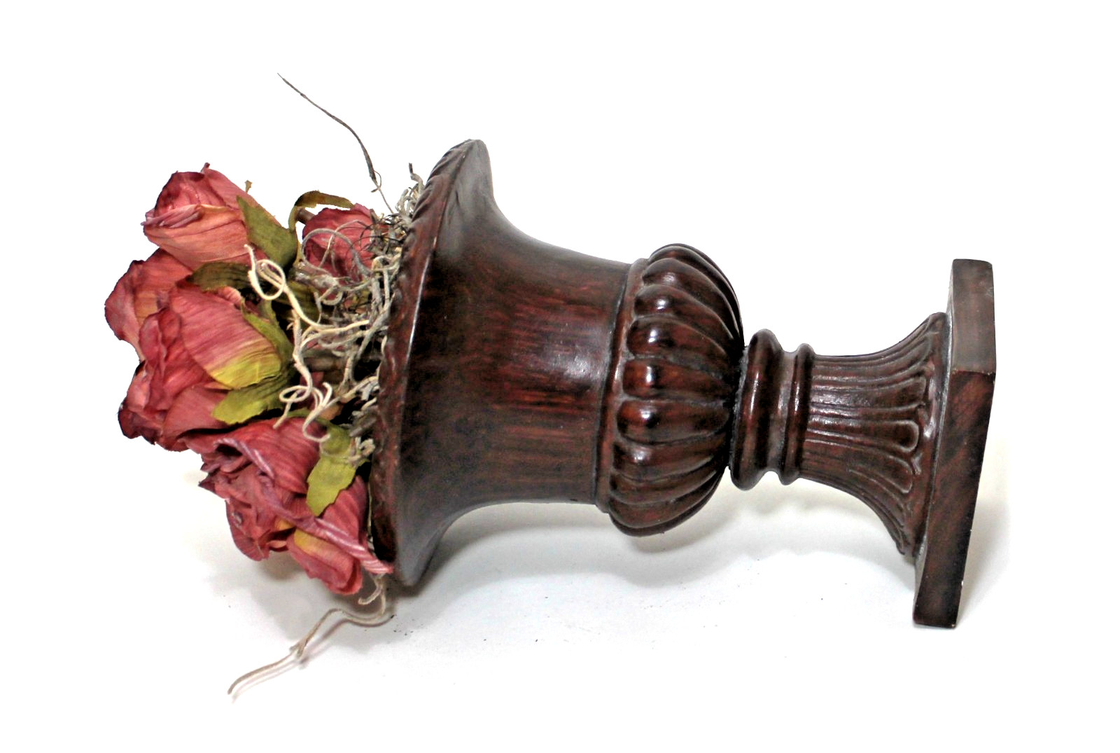 Vintage Urn Planter Brown Vase with Pink Roses Flower Arrangement