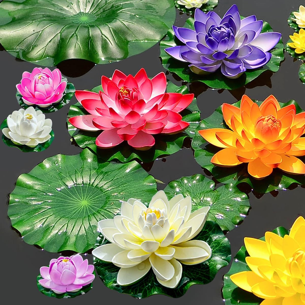 19pcs Realistic Floating Foam Lotus Flowers and Lotus Leaves, Artificial Lotu…