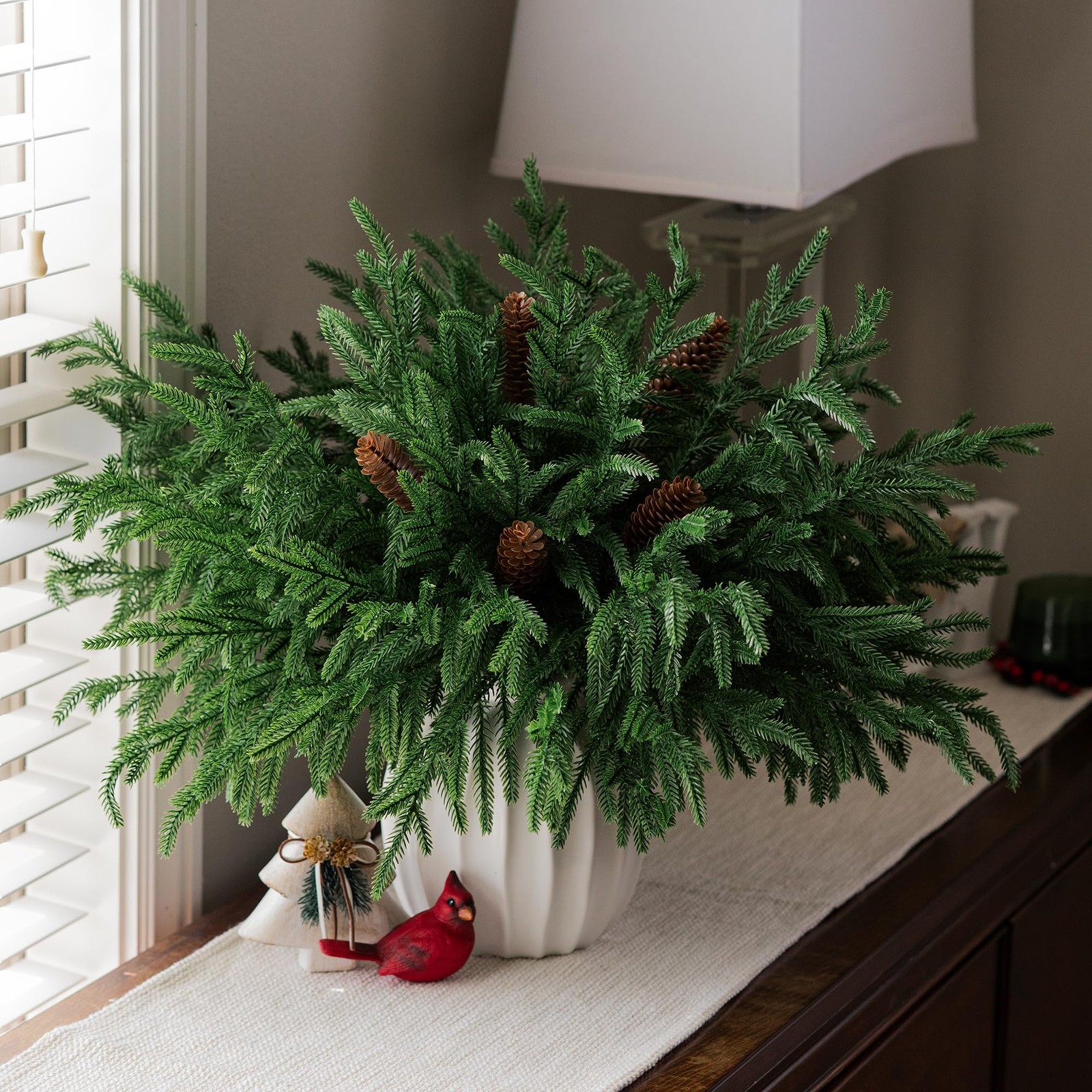 19 Inch Christmas Norfolk Pine Stems, 12PCS Real Touch Faux Cedar Pine with 5…