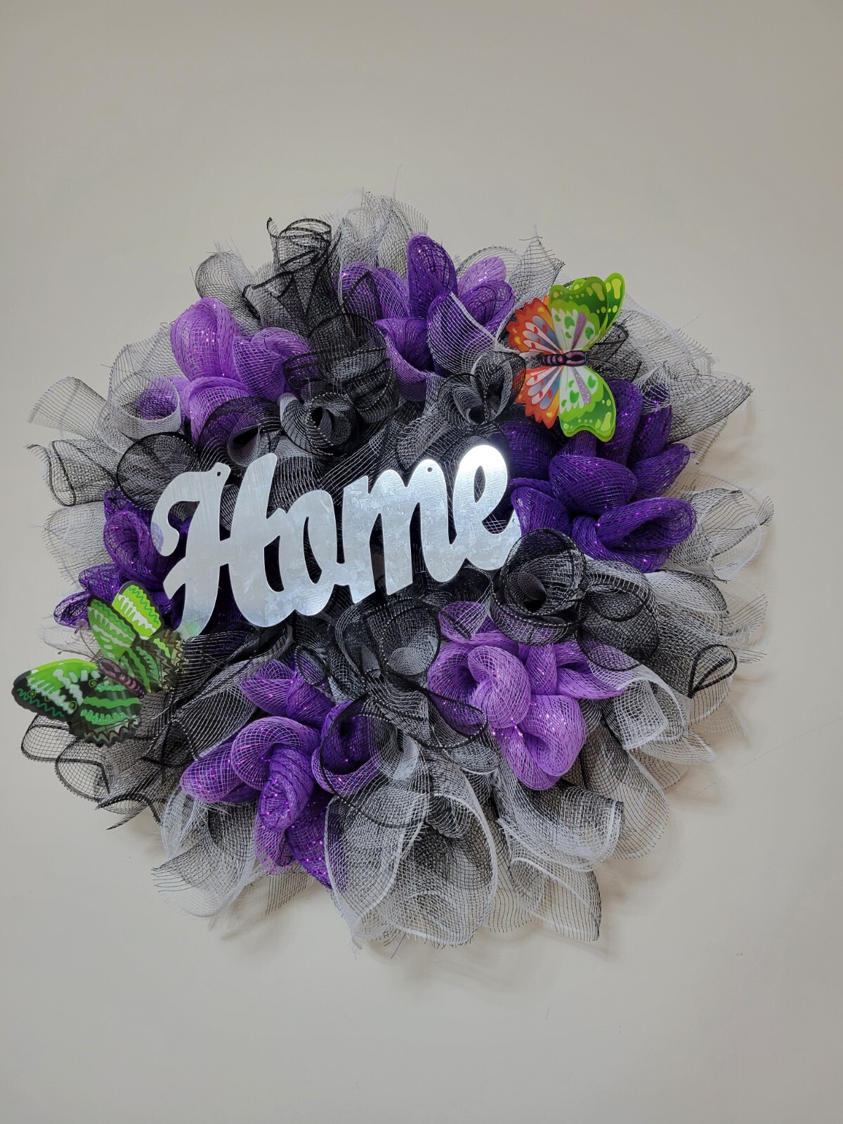 HOME black purple white Spring Summer Fall Wreath bunny Mesh Front Door Decor